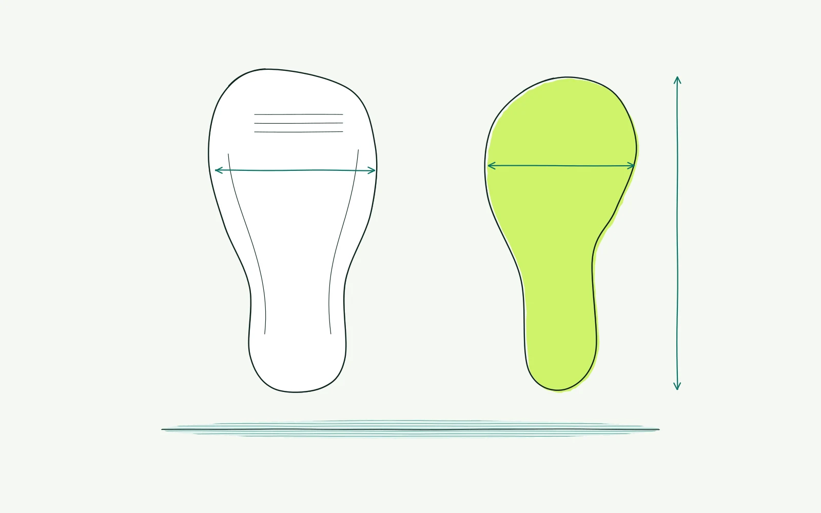 Top view of a foot beside two cycling shoe shapes with equal length but different forefoot widths.
