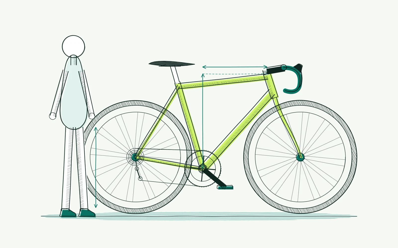 Rider beside a frame with measurement lines for inseam, clearance above the top tube, stack and reach.