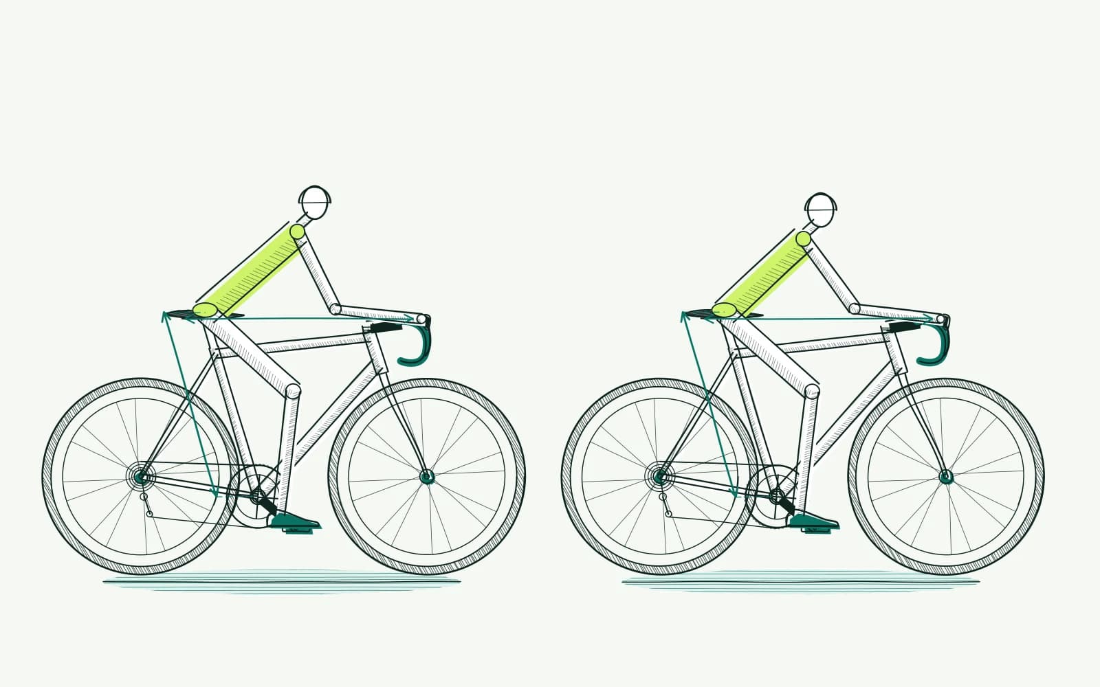 Twee fietsers met verschillende romp-beenverhoudingen en afzonderlijke maatlijnen bij zadelhoogte en stuurafstand.