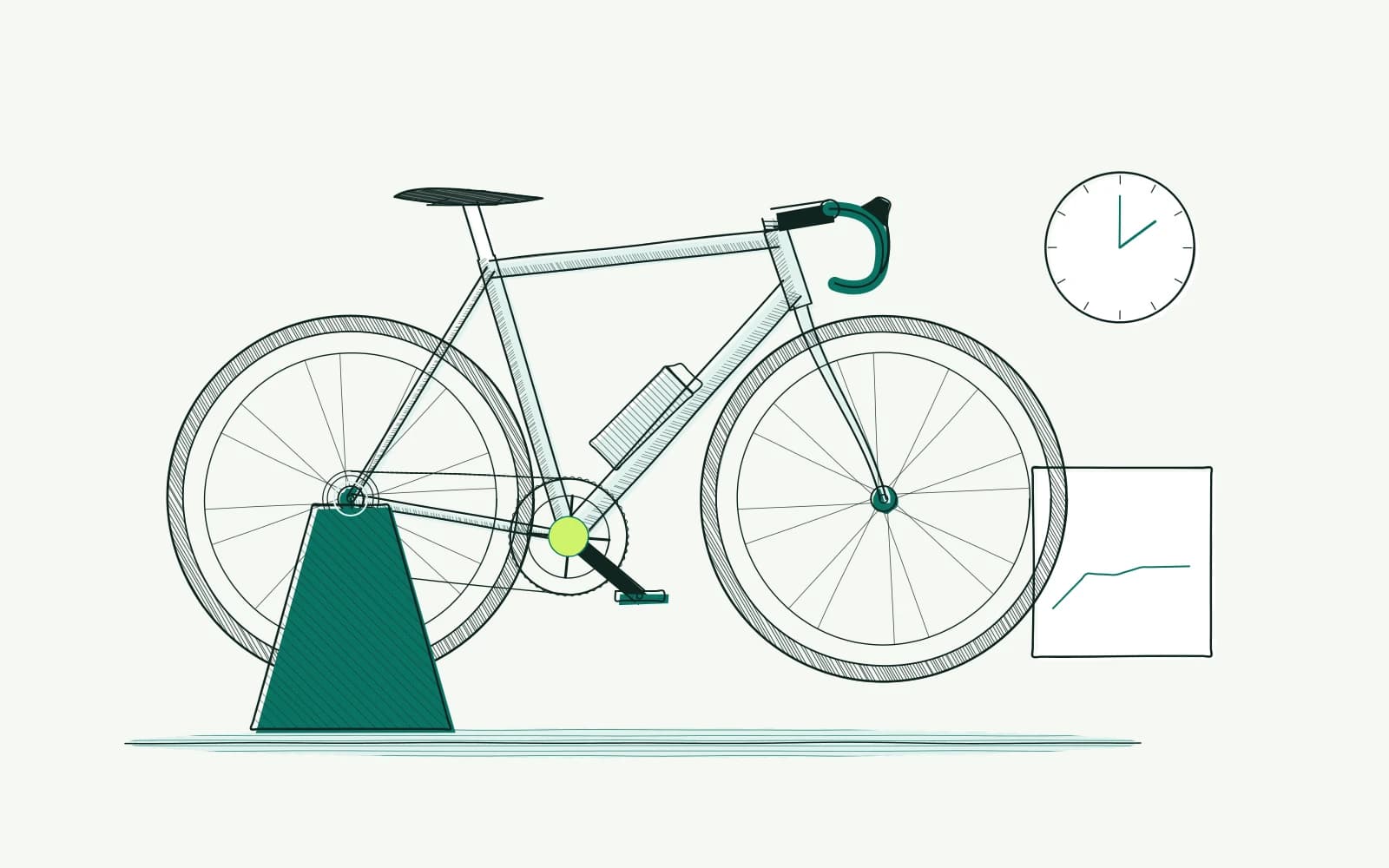 Fiets op een fietstrainer met vermogensmeter en klok: vermogen en testduur vastleggen zonder prestatielabel.
