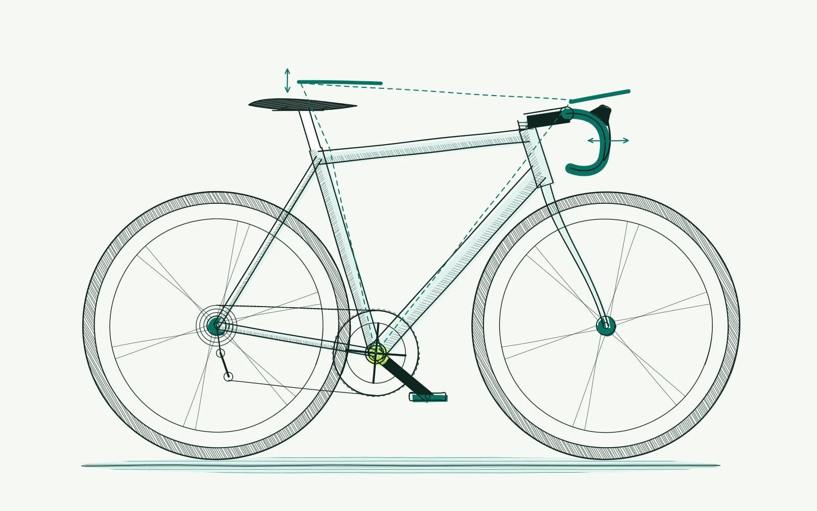 Twee fietssilhouetten met dezelfde trapas als referentie en verschillende zadel- en stuurcontactpunten om zithoudingen te vergelijken.
