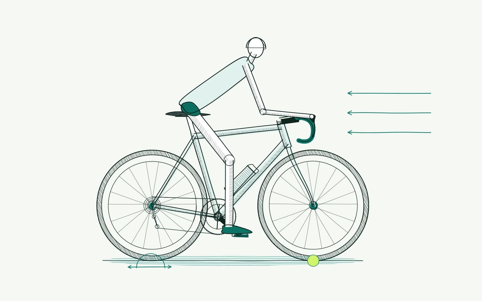 Fietser met tegenwindpijlen en gemarkeerd bandencontact: luchtweerstand en rolweerstand beïnvloeden de snelheid bij een vermogen.
