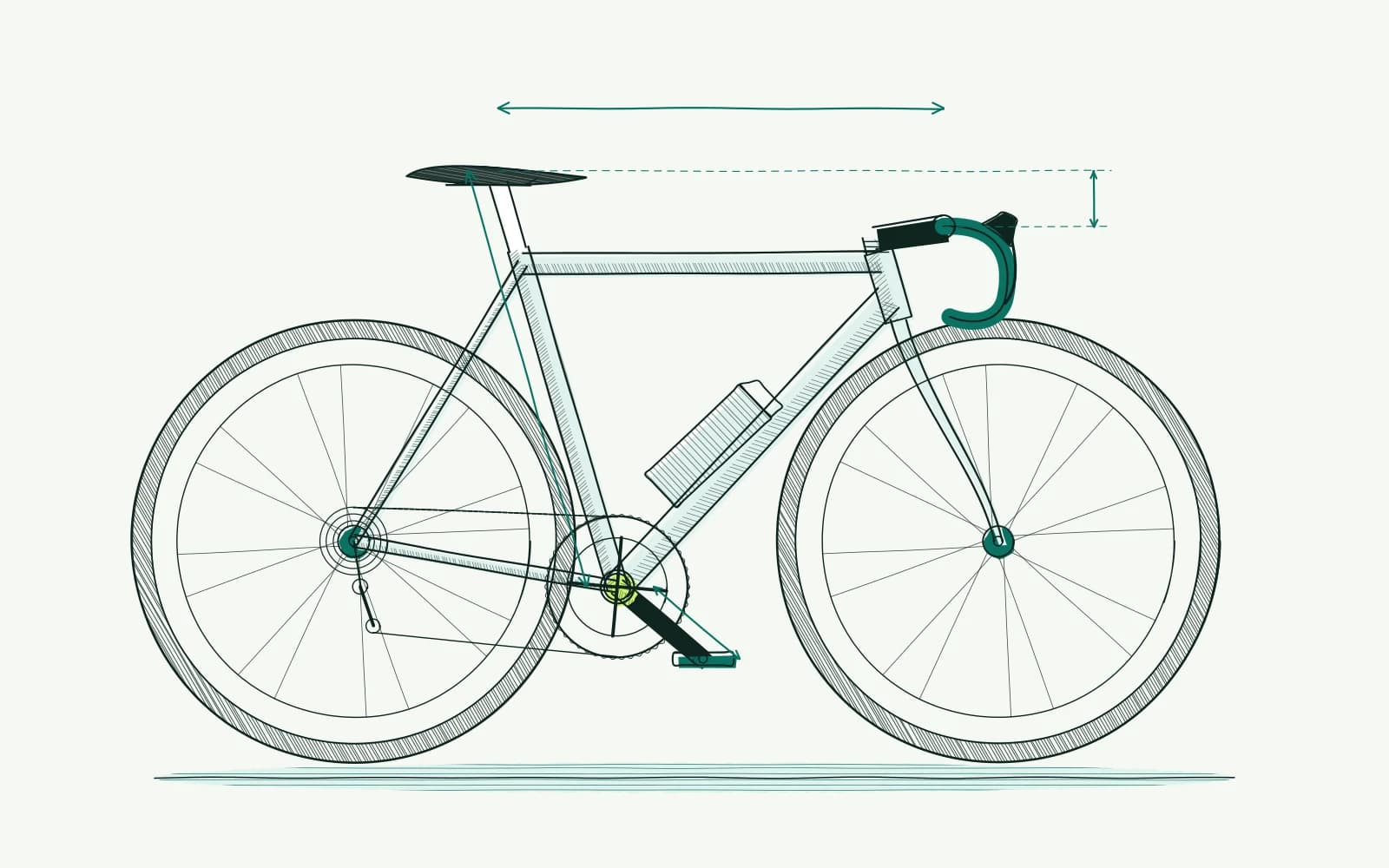 Fiets van opzij met afzonderlijke maatlijnen voor zadelhoogte, bereik tot het stuur, stuurdrop en cranklengte.