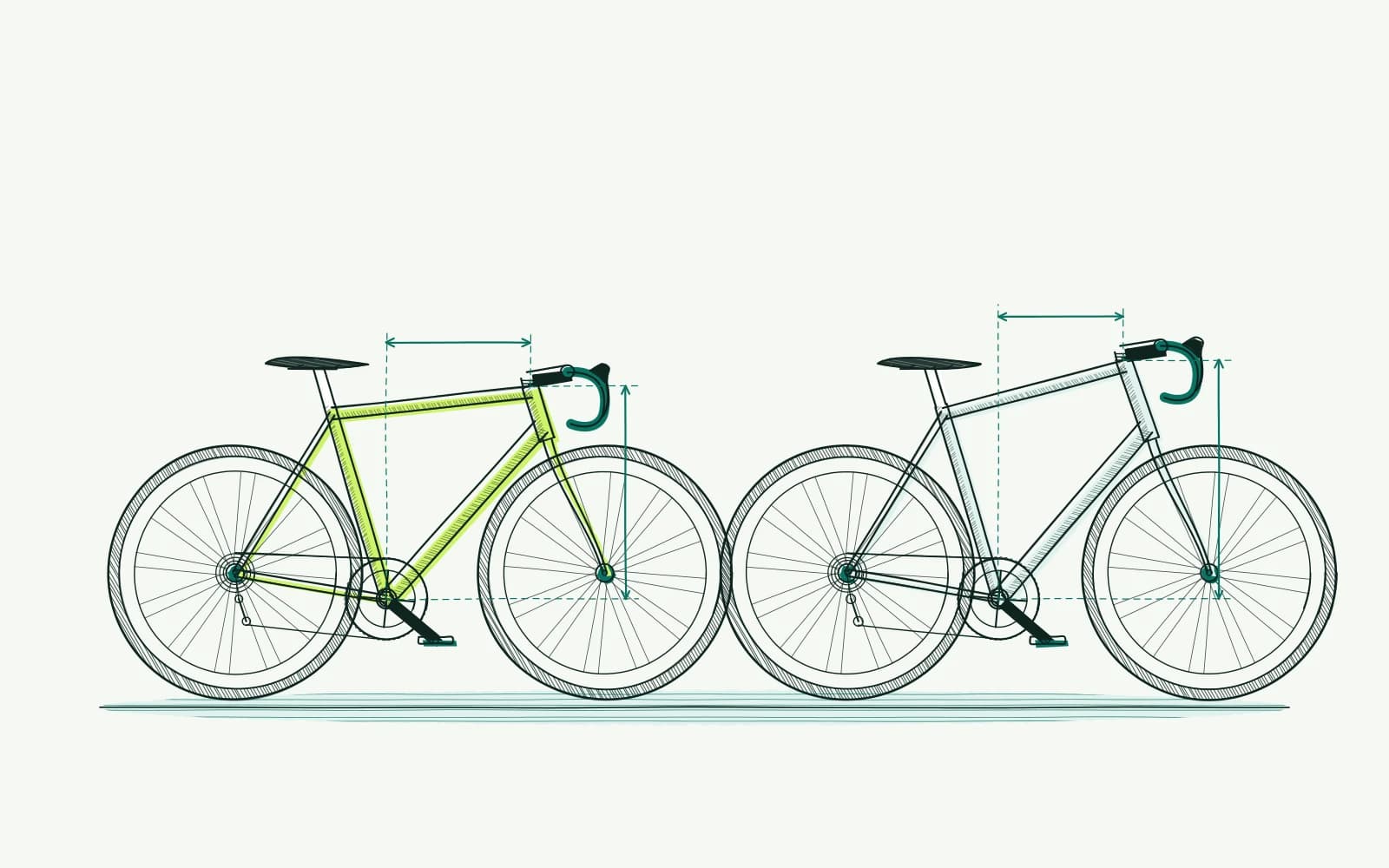 Twee frames met verschillende verhoudingen en maatpijlen voor stack en reach vanaf de trapas.