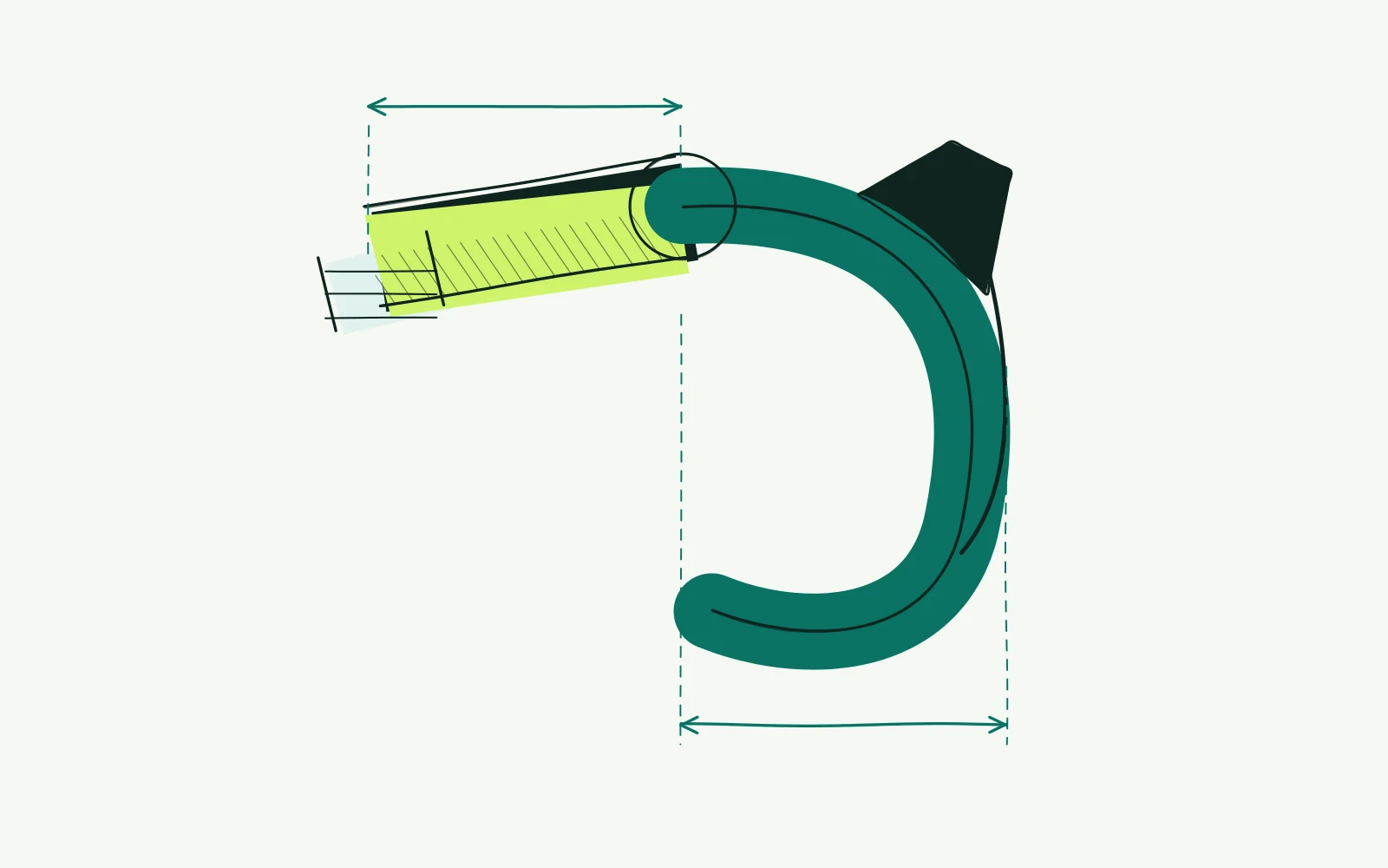 Stem and brake hood in side view with separate dimension lines for stem length and reach to the hand.