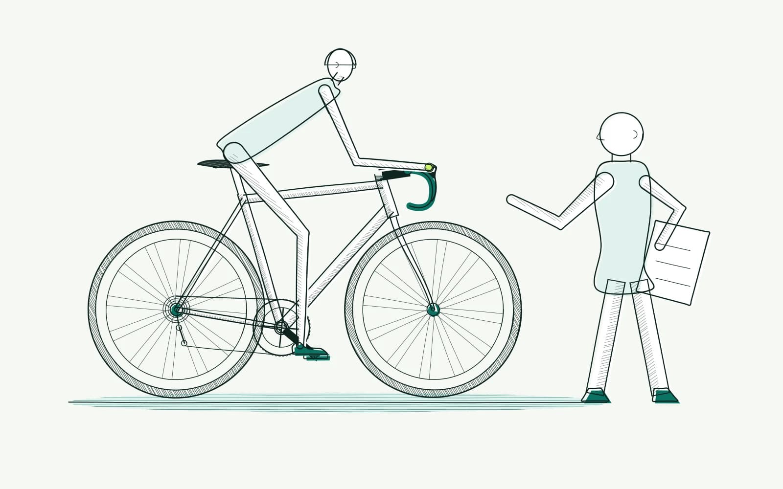 Cyclist beside a fitter observing contact points and making notes for a supervised position assessment.