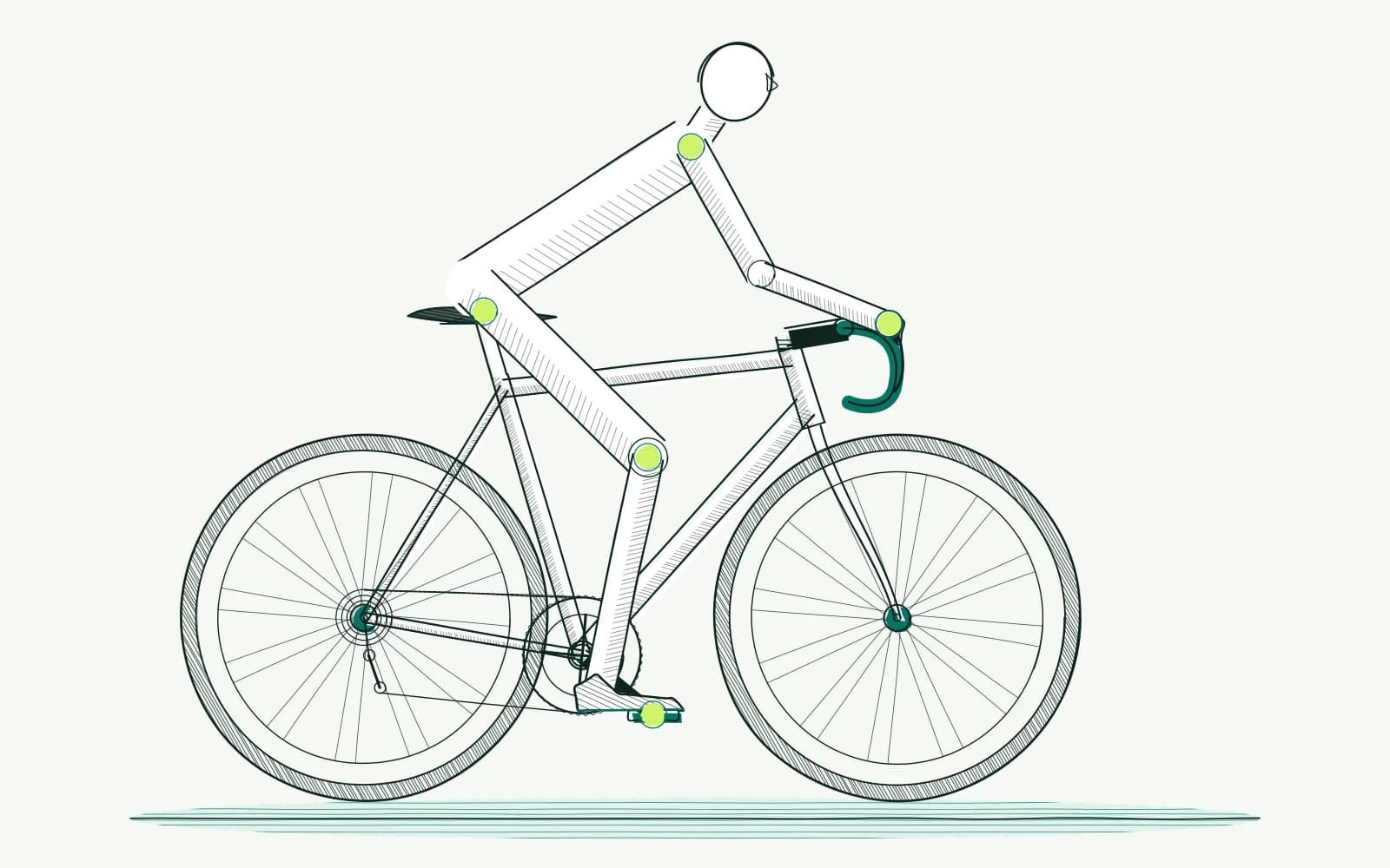 Cyclist with highlighted shoulder, hand, saddle, knee and foot areas for describing the location of symptoms.