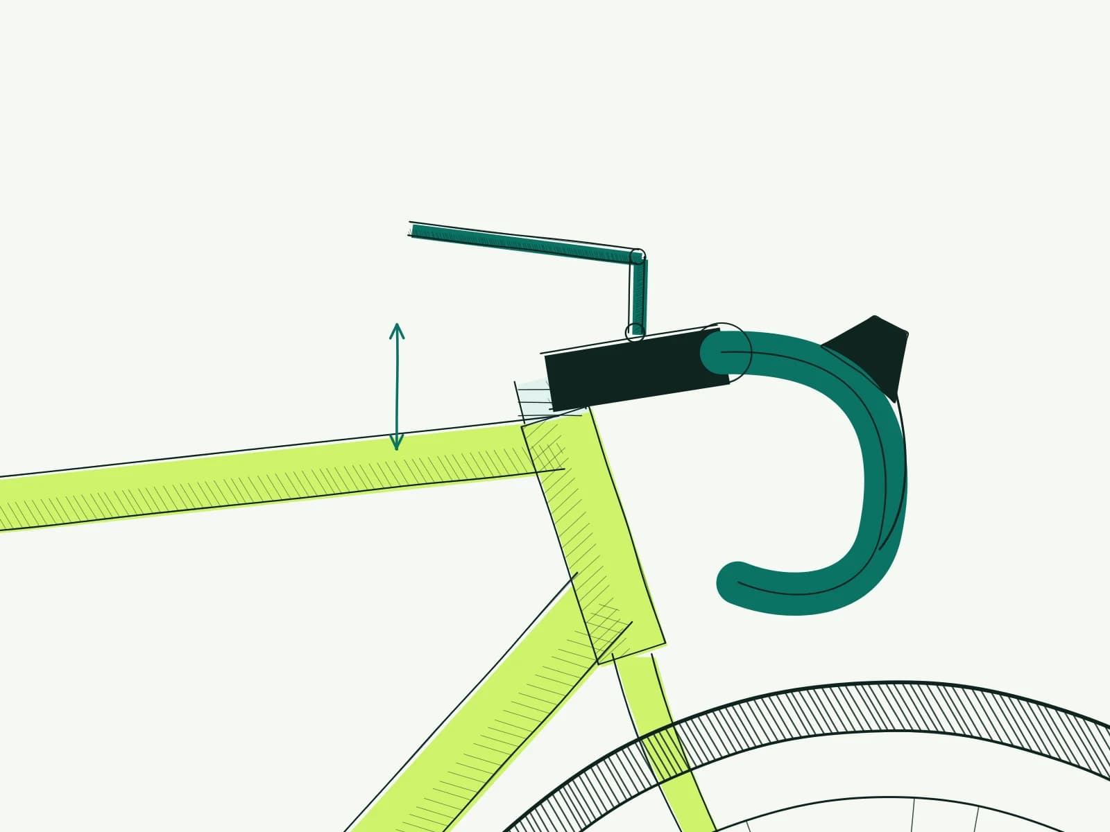 Racefietsstuur en stuurpen met een inbussleutel en een pijl voor de hoogteverstelling.