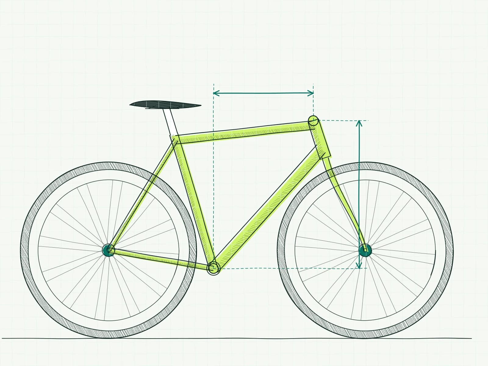 Fietsframe met een verticale pijl voor stack en een horizontale pijl voor reach, gemeten vanaf de trapas tot de bovenkant van de balhoofdbuis.